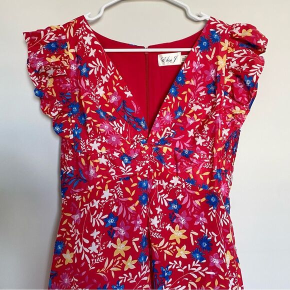 Eliza J Twist Bust Mini Dress Red Floral Ruffle Flowy Size 10 NWOT - Picture 4 of 9